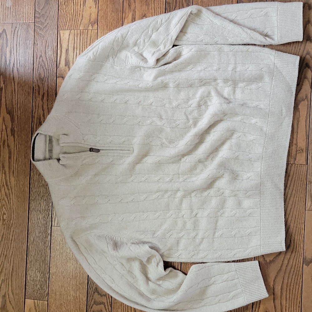 Raffi 100% cashmere XL cream zip neck sweater leather pull